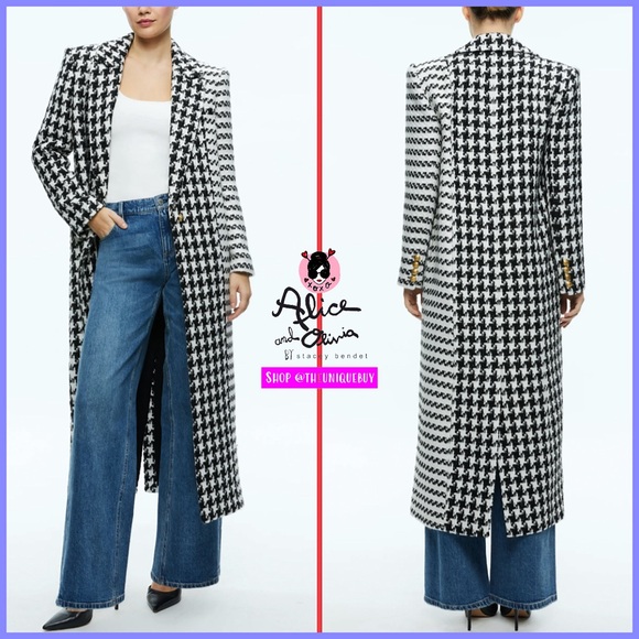 Alice + Olivia Colley Black White Houndstooth Long Tweed Coat - Picture 1 of 17